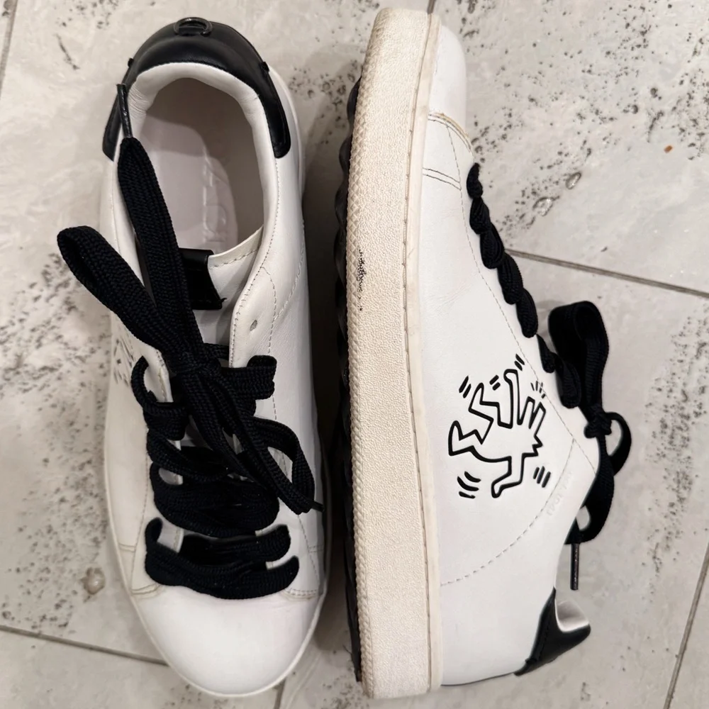 Coach Keith Haring White Leather Sneakers with Black Accents - Picture 2 of 9